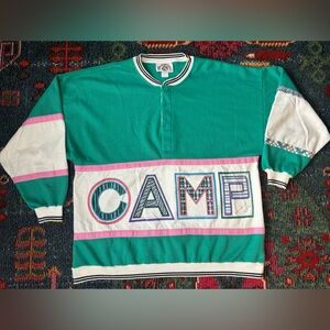 Vintage 80’s Teal and Pink ‘CAMP BEVERLY HILLS’ Cotton + Corduroy Sweatshirt